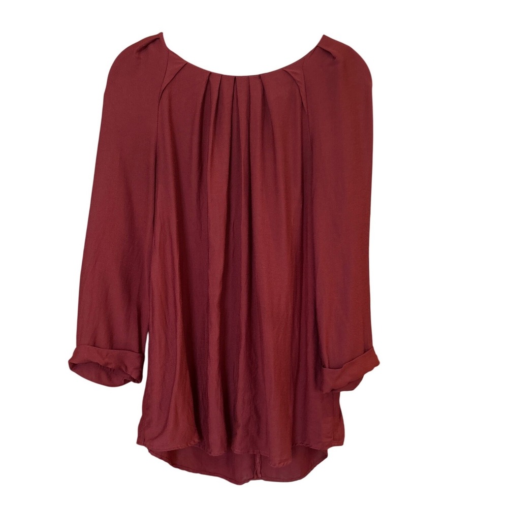 Sandro Pleated Blouse Women Burgundy Back Zip Long Sleeve SIZE 3